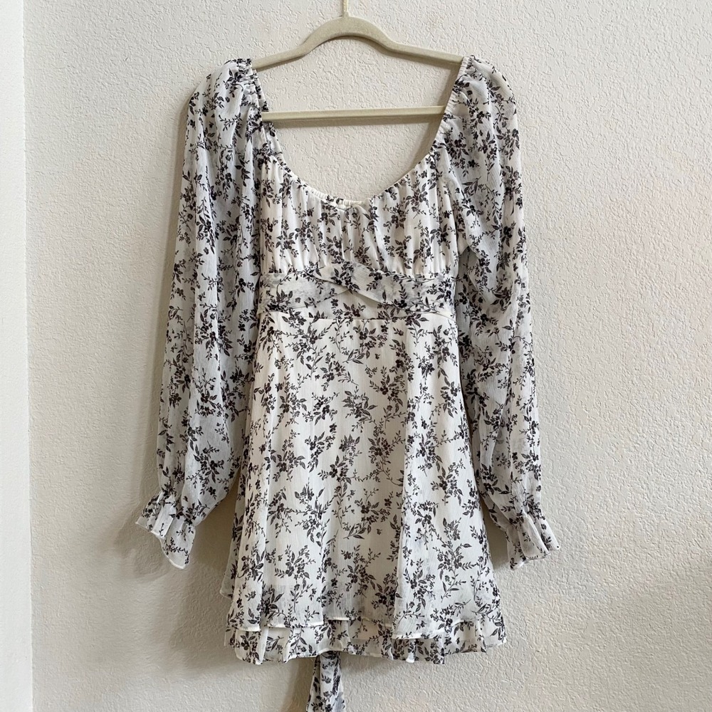 Thirty Thirty‎ LA Babydoll Mini Dress Floral White Black Prairie Ruffle Size L - Picture 4 of 12